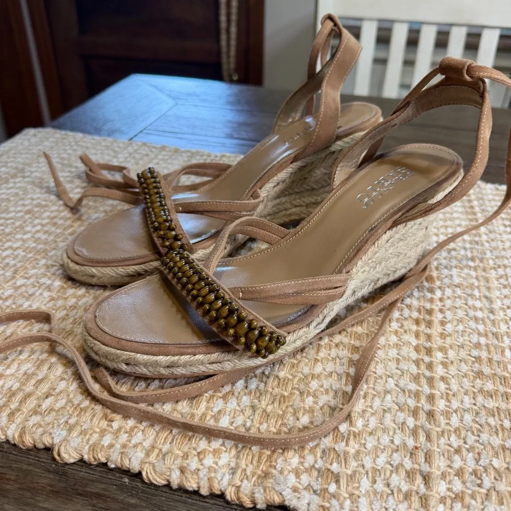Franco Sarto Herbal Tan Leather Beaded Espadrille Wedge Sandals Womens 9M